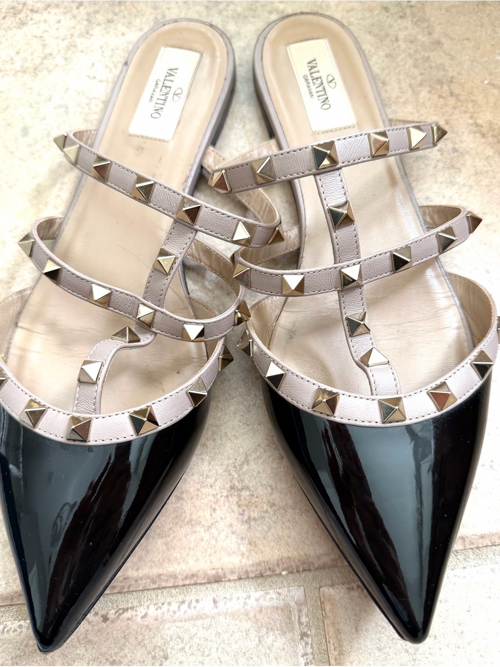 Valentino Garavani Black Patent and Nude Rockstud Strappy Mules